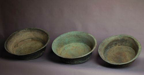 Three Matched Large Decorative French Graduated Copper Coppers
