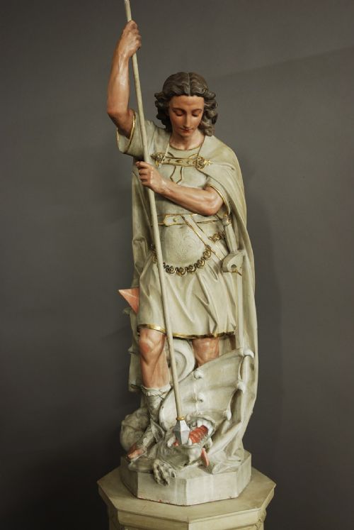 Highly Decorative Large Continental Polychrome Terracotta Figure of St Michael & the Dragon