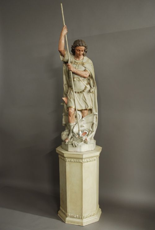 fig 1. Highly decorative large Continental polychrome terracotta figure of St Michael & the Dragon