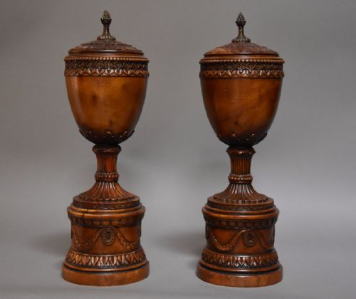 Finely Carved Pair of Early 20th Century Decorative Wooden Urns
