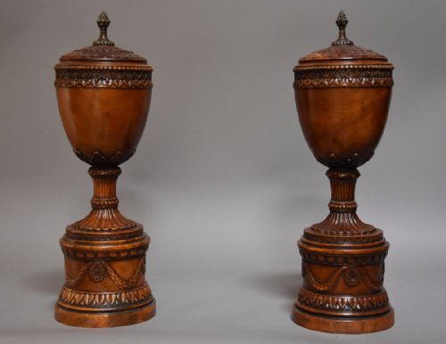 fig 1. Finely carved pair of early 20th century decorative wooden urns