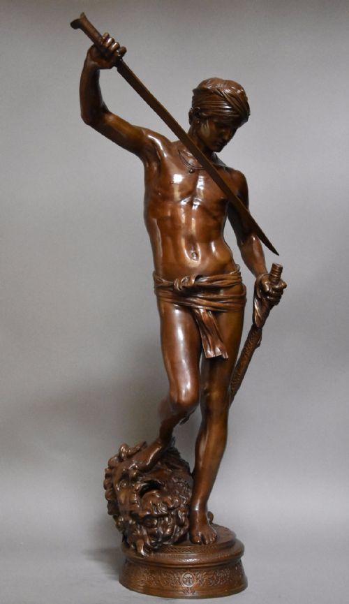 fig 1. Large late 19th century fine quality French bronze 'David Vanqueur'  by Antonin Mercie