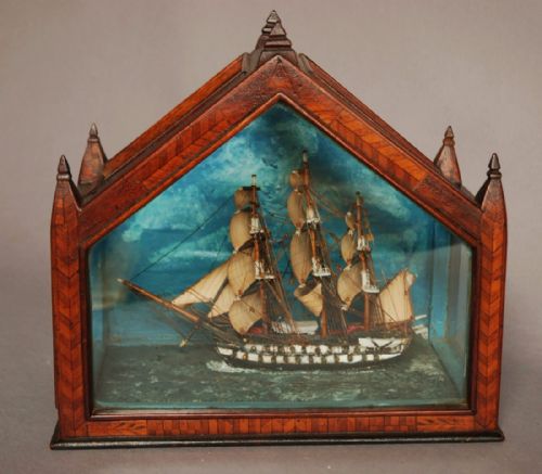 19th Century Folk Art Diorama of a Model Galleon in Glazed Mahogany Case