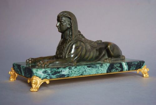 Fine Quality 19thc Bronze Sphinx on Green Marble Base