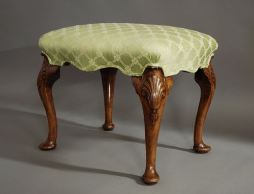 Elegant Early 20thc Queen Anne Style Walnut Cabriole Leg Stool
