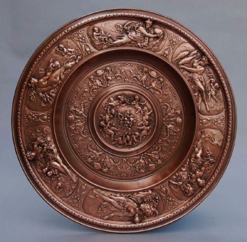 fig 1. Large highly decorative 19thc cast copper charger depicting signs of the Zodiac