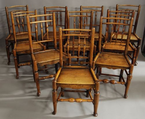19th Century Harlequin Set of Ten Ash & Elm Spindle Back Chairs of Superb Patina