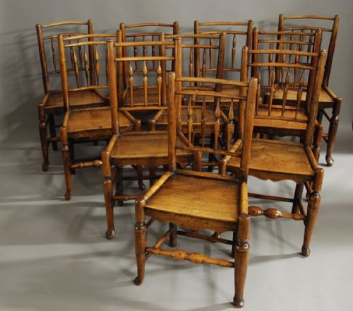 fig 1. 19th century Harlequin set of ten ash & elm spindle back chairs of superb patina