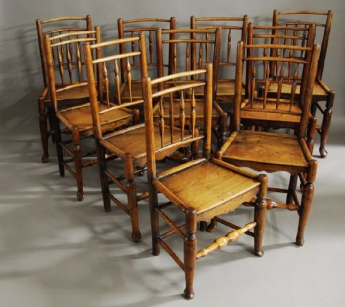 fig 2. 19th century Harlequin set of ten ash & elm spindle back chairs of superb patina