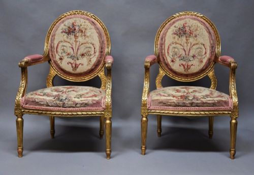 Pair of French 19thc Louis XVI Style Giltwood Armchairs with Original Aubusson Tapestry