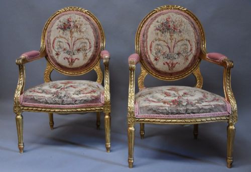 fig 1. Pair of French 19thc Louis XVI style giltwood armchairs with original Aubusson tapestry