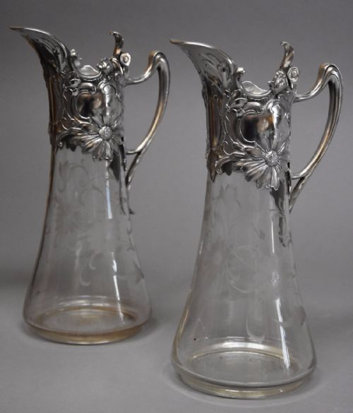 Pair of Late 19thc Silver Plate Mounted Art Nouveau Claret Jugs, Stamped Wmf