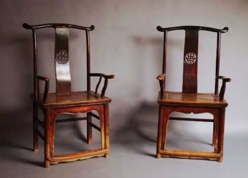 fig 1. Pair of late 19th century Chinese yoke back elm armchairs of good patina