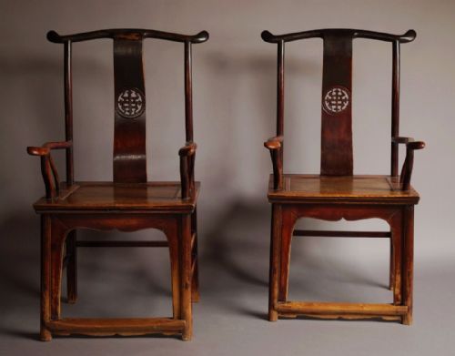 fig 2. Pair of late 19th century Chinese yoke back elm armchairs of good patina