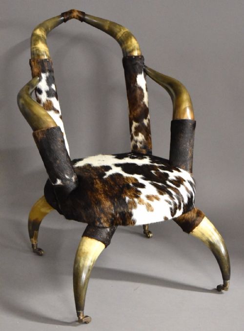 Rare Late 19thc Highly Decorative Bull Horn Armchair