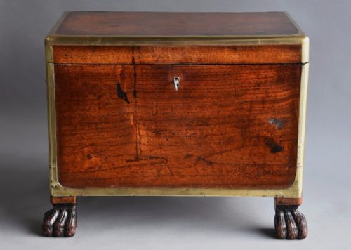 fig 1. Mid 19thc teak and brass bound Campaign cellarette of superb patina