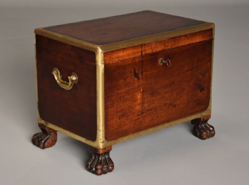 fig 2. Mid 19thc teak and brass bound Campaign cellarette of superb patina