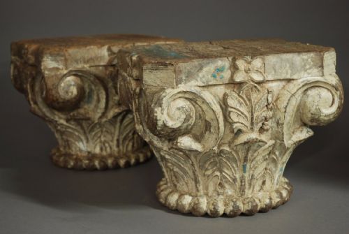 Pair of Late 19th Century Decorative Carved & Painted Oak Capitals
