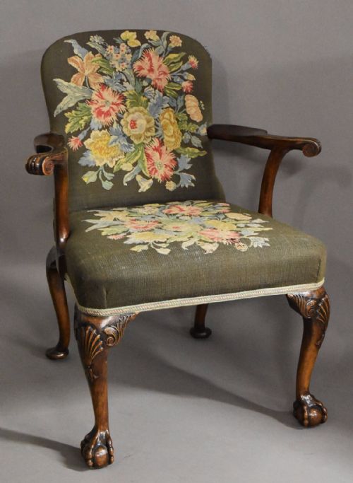 Early 20thc Mahogany Georgian Style Open Armchair with Original Tapestry Upholstery