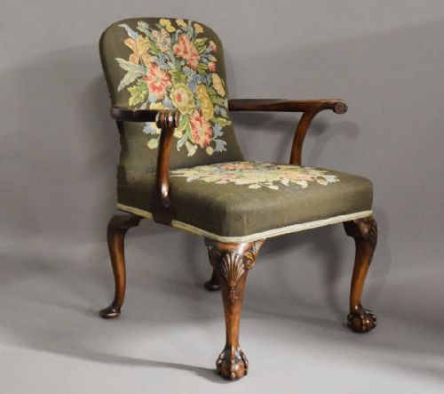 fig 1. Early 20thc mahogany Georgian style open armchair with original tapestry upholstery