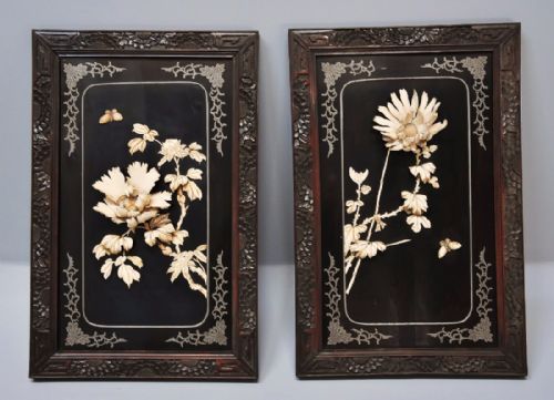 Pair of Highly Decorative Late 19thc Black Lacquered Panels with Carved Floral Decoration