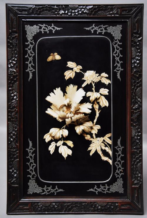 fig 1. Pair of highly decorative late 19thc black lacquered panels with carved floral decoration