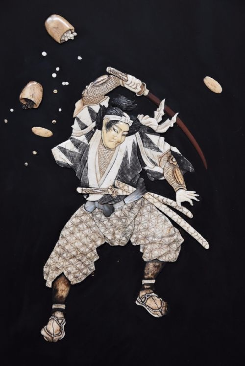Late 19th Century Japanese Black lacquered Panel of a Samurai Warrior