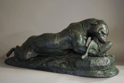 Early 20thc Large Plaster Cast Figure 'Jaguar Devouring a Hare' of Superb Quality, After Barye