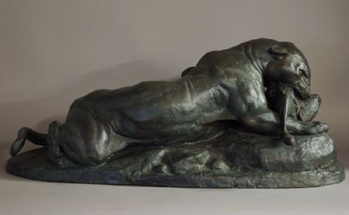 fig 1. Early 20thc large plaster cast figure 'Jaguar devouring a hare' of superb quality, after Barye