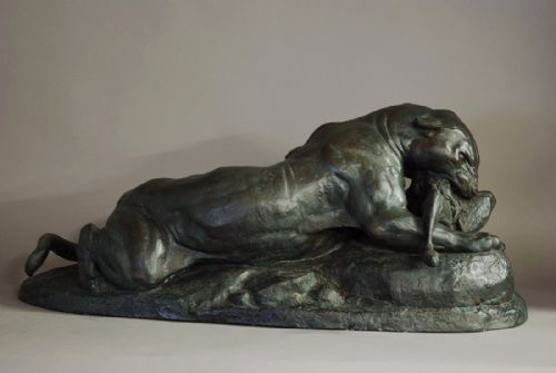 fig 2. Early 20thc large plaster cast figure 'Jaguar devouring a hare' of superb quality, after Barye