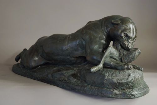 fig 3. Early 20thc large plaster cast figure 'Jaguar devouring a hare' of superb quality, after Barye