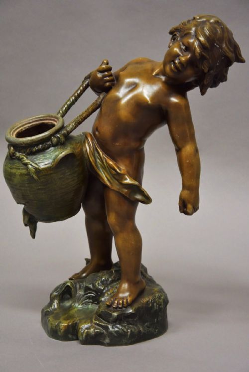 fig 1. 19thc French patinated bronzed spelter figure of young male water carrier signed Auguste Moreau