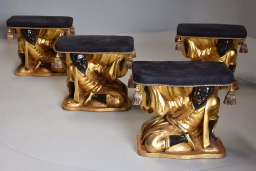 Extremely Rare & Highly Decorative 19thc Set of Four Venetian Carved Giltwood Stools, (Provenance: Rushbrooke Hall, Suffolk)