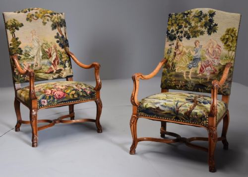 Pair of French 19thc Carved Walnut Open Armchairs ( Fauteuils) with Tapestry Upholstery