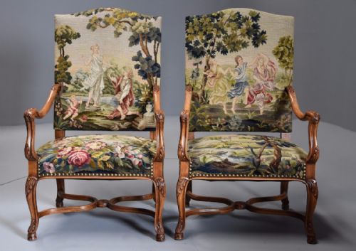 fig 1. Pair of French 19thc carved walnut open armchairs ( fauteuils) with tapestry upholstery