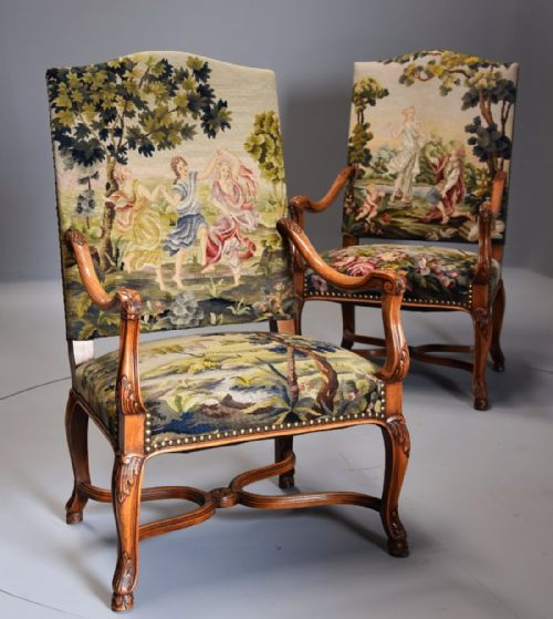 fig 2. Pair of French 19thc carved walnut open armchairs ( fauteuils) with tapestry upholstery