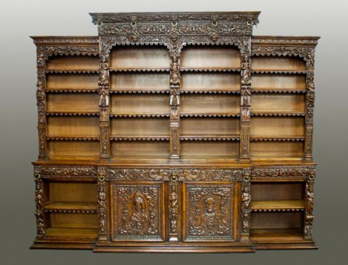 fig 1. Large exceptional quality 19th century oak breakfront bookcase in the Renaissance style
