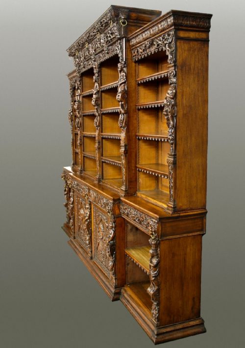 fig 2. Large exceptional quality 19th century oak breakfront bookcase in the Renaissance style