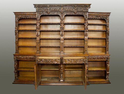fig 3. Large exceptional quality 19th century oak breakfront bookcase in the Renaissance style