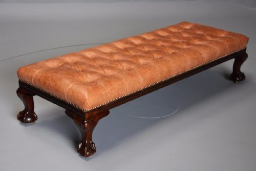 Large 19th Century Deep Buttoned Leather Mahogany Low Stool