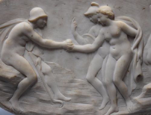 fig 1. 18th century carrara marble oval plaque of a Classical scene