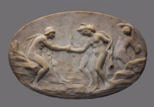 fig 2. 18th century carrara marble oval plaque of a Classical scene