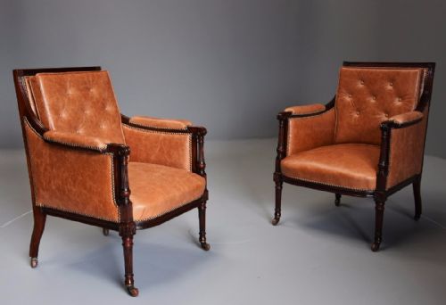 Superb Pair of 19thc ‘His & Hers’ Mahogany Bergere Library Chairs in the Sheraton Style