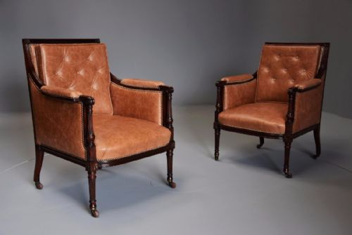 fig 1. Superb pair of 19thc ‘His & Hers’ mahogany bergere library chairs in the Sheraton style