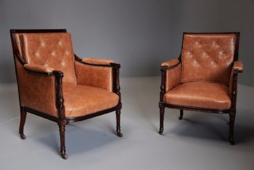 fig 2. Superb pair of 19thc ‘His & Hers’ mahogany bergere library chairs in the Sheraton style