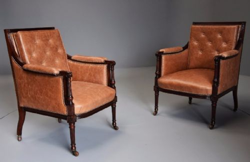 fig 3. Superb pair of 19thc ‘His & Hers’ mahogany bergere library chairs in the Sheraton style