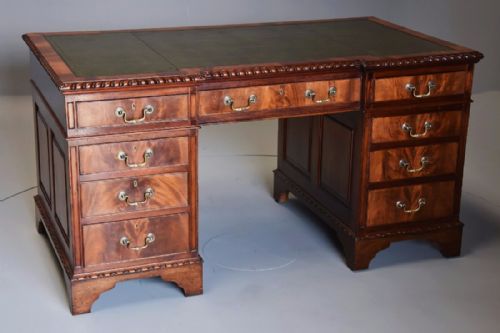 Early 20th Century Mahogany Pedestal Desk with Inverted Breakfront Green Leather Top