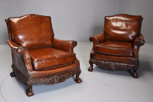 Superb Pair of Early 20th Century Mahogany Framed Leather Armchairs