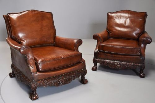 fig 1. Superb pair of early 20th century mahogany framed leather armchairs