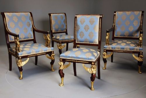 Late 19thc English Set of Four Mahogany Chairs in the French Empire Style with Superb Ormolu Mounts